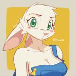  1:1 2019 anthro big_breasts blue_clothing blush breasts clothing female fur lagomorph leporid looking_at_viewer mammal overalls rabbit simple_background skeleito solo white_fur 