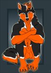  2019 7:10 animal_genitalia anthro balls black_fur black_hair black_nose canid canine canis chest_tuft claws crossed_arms digital_media_(artwork) fully_sheathed fur hair hi_res looking_at_viewer male mammal multicolored_hair muscular muscular_male nude orange_fur orange_hair patrikthedog pawpads paws pecs pinup pose sheath simple_background sitting smile solo tuft white_fur white_hair yellow_eyes 