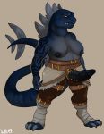  anthro bandage belt breasts clothed clothing dbd dickgirl dinosaur erection frenum_piercing genital_piercing intersex looking_at_viewer nipples penis penis_piercing piercing reptile scalie solo standing tattoo topless 