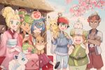  3boys 3girls :d alolan_form alolan_vulpix baseball_cap black_hair blonde_hair blue_hair blue_sky cape cherry_blossoms closed_eyes closed_mouth cloud commentary crossed_arms cup dango dark_skin dark_skinned_male day eating eevee flower food gen_1_pokemon gen_4_pokemon gen_7_pokemon green_eyes green_hair hair_flower hair_ornament hairband hat highres holding holding_cup holding_food japanese_clothes kaki_(pokemon) kimono lillie_(pokemon) long_hair long_skirt long_sleeves mamane_(pokemon) mao_(pokemon) mei_(maysroom) meltan multicolored_hair multiple_boys multiple_girls obi open_mouth orange_hair outdoors petals pikachu pokemon pokemon_(anime) pokemon_(creature) pokemon_on_head pokemon_on_shoulder pokemon_sm_(anime) red_hair sanshoku_dango sash satoshi_(pokemon) shaymin short_hair signature sitting skirt sky smile spiked_hair spring_(season) suiren_(pokemon) symbol_commentary togedemaru trial_captain vulpix wagashi white_legwear wide_sleeves z-ring 