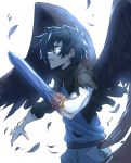  1boy absurdres arm_blade b:_the_beginning belt belt_buckle black_feathers black_hair black_wings blue_eyes blue_shirt buckle feathers glowing glowing_eye highres kokuu_(b:_the_beginning) light_blue_eyes looking_at_viewer male_focus parted_lips shirt shirt_tucked_in signature simple_background sol_ferrari solo torn_clothes twitter_username upper_body weapon white_background wings 
