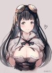  1girl black_hair blush breasts cleavage gloves goggles goggles_on_head granblue_fantasy heart highres jessica_(granblue_fantasy) large_breasts long_hair milli_little smile twitter_username white_gloves 