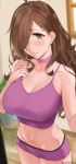  1girl blurry blurry_background blush boyshorts breasts brown_hair choker cleavage cowboy_shot crop_top earrings english_commentary hair_over_one_eye highres jewelry kono_subarashii_sekai_ni_shukufuku_wo! large_breasts long_hair looking_at_viewer pink_choker pov_doorway reaching_out sendrawz solo stomach twitter_username wiz_(konosuba) yellow_eyes 