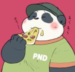  2019 anthro belly black_fur blush clothing eating eyes_closed food fur giant_panda hat headgear headwear humanoid_hands japanese_text male mammal overweight overweight_male pizza red_background simple_background solo text ursid wantaro 