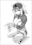  1girl ahoge artoria_pendragon_(all) bikini blush breasts cleavage fate/grand_order fate_(series) greyscale hair_between_eyes hat jacket large_breasts looking_at_viewer monochrome mysterious_heroine_xx_(foreigner) ponytail sandals side-tie_bikini soba_(saz) solo spoon squatting sweatdrop swimsuit 