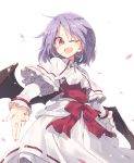  1girl commentary_request eyebrows_visible_through_hair fang fangs frilled_sleeves frills lavender_hair long_sleeves nail_polish one_eye_closed open_mouth red_eyes red_nails remilia_scarlet satou_kibi shawl short_hair skirt smile solo standing touhou upper_body wings 