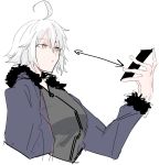  ahoge black_dress cellphone dress eyebrows_visible_through_hair fate/grand_order fate_(series) fur_trim highres jeanne_d&#039;arc_(alter)_(fate) jeanne_d&#039;arc_(fate)_(all) phone pout pouty_lips sayota short_hair silver_hair sketch smartphone wicked_dragon_witch_ver._shinjuku_1999 yellow_eyes 