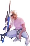  1girl ana_(overwatch) andrea_salonga brown_eyes casual clothes_around_waist dark_skin denim eye_of_horus eyepatch facial_tattoo full_body gun hair_down hair_over_shoulder holding holding_gun holding_weapon jeans lips long_hair mole mole_under_eye mole_under_mouth old_woman one-eyed overwatch pants pink_shirt plaid plaid_shirt planted_weapon rifle shirt shirt_around_waist shoes sneakers sniper_rifle solo squatting t-shirt tattoo torn_clothes torn_jeans torn_pants weapon white_background white_hair 