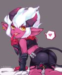  &lt;3 2019 4_fingers amber_eyes butt citrius_(artist) clothed clothing demon ear_piercing fangs female hair hi_res horn humanoid league_of_legends looking_at_viewer looking_back mammal piercing pink_skin pointy_ears presenting riot_games short_hair simple_background solo speech_bubble tongue tongue_out torn_clothing tristana_(lol) video_games white_hair yordle 