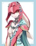  1girl breasts closed_mouth crescent fish_girl gem gills highres jewelry looking_at_viewer mipha monster_girl multicolored multicolored_skin neck_ring ngv3553 no_eyebrows no_nipples no_nose red_skin small_breasts smile solo the_legend_of_zelda the_legend_of_zelda:_breath_of_the_wild two-tone_skin upper_body v_arms white_skin yellow_eyes zora 