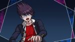  1boy beard blue_jacket collarbone danganronpa facial_hair hair_between_eyes jacket long_sleeves looking_at_viewer male_focus momota_kaito new_danganronpa_v3 official_alternate_costume official_style open_clothes open_jacket open_mouth purple_eyes purple_hair red_shirt school_uniform shiny shiny_hair shirt solo spiked_hair sweatdrop yumaru_(marumarumaru) 