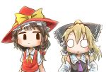  2girls ascot black_bow black_eyes black_hair blonde_hair blue_neckwear bow braid chamaji commentary_request cosplay costume_switch detached_sleeves eyebrows_visible_through_hair hair_between_eyes hair_ornament hair_ribbon hair_tubes hakurei_reimu hat hat_bow kirisame_marisa multiple_girls neck_ribbon nontraditional_miko o_o red_headwear red_vest ribbon ribbon_trim shirt short_hair short_sleeves sidelocks single_braid touhou vest white_shirt witch_hat yellow_bow yellow_neckwear 