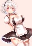  1girl apron arms_behind_back azur_lane bangs beige_background black_dress blush breasts cleavage collarbone cowboy_shot dress frills hair_between_eyes hairband halterneck highres large_breasts looking_at_viewer maid maid_apron parted_lips puffy_short_sleeves puffy_sleeves red_eyes short_hair short_sleeves simple_background sirius_(azur_lane) solo standing thighhighs white_hair white_legwear yuano zettai_ryouiki 