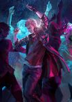  2boys 3girls arms_up black_gloves blue_coat blue_legwear bracelet closed_eyes coat dancing devil_may_cry devil_may_cry_5 fingerless_gloves gloves highres jewelry lens_flare long_hair multiple_boys multiple_girls necklace neon_lights nero_(devil_may_cry) parted_lips red_shirt shirt sleeves_rolled_up smile standing tin_nijigen white_hair white_shirt 
