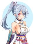  1girl :d armor bangs bare_shoulders breasts eyebrows_visible_through_hair eyes_visible_through_hair fate/grand_order fate_(series) grey_hair hair_between_eyes hair_ribbon highres japanese_armor large_breasts long_hair looking_away looking_to_the_side ngv3553 no_bra open_mouth ponytail red_eyes red_ribbon ribbon sideboob sleeveless smile teeth tomoe_gozen_(fate/grand_order) upper_body 