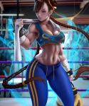  1girl absurdres adapted_costume alternate_hair_length alternate_hairstyle ass_visible_through_thighs aura bangs biceps blue_pants boxing_gloves boxing_ring braid breasts brown_eyes brown_hair chun-li cleavage clenched_hands commentary cowboy_shot crop_top double_bun english_commentary eyebrows eyelashes gloves gloves_removed gym hair_ribbon highres hlulani large_breasts lips long_hair low-tied_long_hair midriff muscle muscular_female navel nose pants patreon_username pinup ribbon signature slender_waist solo sports_bra standing street_fighter street_fighter_zero_(series) striped studded_bracelet swept_bangs tight tight_pants toned towel towel_around_neck twin_braids vertical_stripes very_long_hair watermark web_address wrist_wrap yellow_gloves yoga_pants 