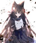 1girl absurdres animal animal_ear_fluff animal_ears arcaea backlighting bangs black_bow black_capelet black_dress blue_bow blush bow capelet cat_ears cat_girl cat_tail closed_mouth commentary_request dress eyebrows_visible_through_hair flower grey_eyes hair_between_eyes hair_bow hair_flower hair_ornament highres holding holding_animal kemonomimi_mode light_smile long_sleeves red_bow red_flower red_rose rose simple_background solo tail tairitsu_(arcaea) tandohark white_background white_flower white_rose 