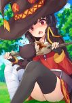  1girl animal bandaged_leg bandages belt black_belt black_cat black_gloves black_hair blush button_eyes cape cat chomusuke collar dress eating fingerless_gloves fish gloves hat kono_subarashii_sekai_ni_shukufuku_wo! megumin mismatched_legwear open_mouth pensuke red_dress red_eyes short_hair short_hair_with_long_locks single_thighhigh solo thighhighs witch_hat 