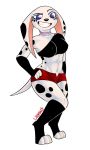  101_dalmatian_street 101_dalmatians 2019 abs anthro big_breasts bottomwear breasts canid canine canis clothed clothing collar dalmatian digital_media_(artwork) disney dolly_(101_dalmatians) domestic_dog fangs female fullbody fur hi_res ligynkey looking_at_viewer mammal nipples shorts simple_background smile solo sporty spots thick_thighs top white_background young 