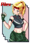  1girl absurdres alex_(street_fighter) armband biceps blonde_hair blue_eyes breasts capcom_fighting_jam character_name commentary_request crop_top facial_tattoo genderswap genderswap_(mtf) gloves green_gloves hand_on_hip headband highres long_hair medium_breasts midnight_bliss midriff outside_border overalls ponytail senkare skin_tight solo street_fighter tattoo toned 