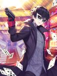  1boy amamiya_ren black_hair black_jacket card casino commentary_request cowboy_shot face_mask gloves gun handgun highres holding holding_weapon indoors jacket kyundoo looking_at_viewer male_focus mask messy_hair parted_lips persona persona_5 persona_5_the_royal pistol playing_card red_gloves short_hair smile solo stairs weapon 