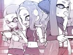  3girls :d bright_pupils cup domino_mask drinking_straw fang food food_in_mouth headgear inkling long_hair long_sleeves mask miniskirt monochrome motion_lines multiple_girls navel notori_d octarian octoling open_mouth pencil_skirt short_hair single_bare_shoulder single_sleeve skirt smile splatoon_(series) splatoon_2 splatoon_2:_octo_expansion squidbeak_splatoon suction_cups teeth tempura tentacle_hair vest 