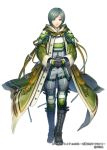  1boy black_gloves boots border_break cloak cross-laced_footwear full_body gloves green_eyes grey_hair hands_together knee_pads male_focus matsutooooka46t official_art simple_background solo standing white_background 