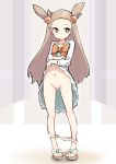  1girl bar_censor bow bowtie brown_eyes brown_hair censored dress feet full_body gym_leader hair_ornament highres lifted_by_self long_sleeves mikan_(pokemon) navel panties panty_pull pointless_censoring pokemon pokemon_(game) pokemon_hgss pussy skirt skirt_lift slippers solo standing twintails underwear 