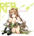  1girl ankle_cuffs artist_name ass asymmetrical_legwear bare_shoulders black_footwear bow brown_hair camouflage_jacket character_name commentary dated double_bun fishnet_legwear fishnets full_body fur-trimmed_jacket fur_trim girls_frontline green_bow green_eyes green_legwear green_skirt hair_bow highres horizontal_stripes jacket knees_up leg_hug mary_janes paint_splatter pinstripe_legwear predict rfb_(girls_frontline) shoes sitting skirt socks solo striped striped_legwear thighs white_background 