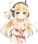  1girl albacore_(azur_lane) azur_lane bent_over bikini blonde_hair blue_eyes breasts clenched_teeth collarbone commentary_request hair_between_eyes headphones highres long_hair looking_at_viewer makina9696 micro_bikini navel salute simple_background small_breasts solo swimsuit teeth white_background 