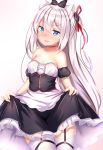  1girl animal_ear_fluff animal_ears azur_lane bangs bare_shoulders black_bow black_dress blue_eyes blush bow breasts cat_ears choker collarbone cowboy_shot detached_sleeves dress dress_lift fang frown garter_straps gradient gradient_background hair_between_eyes hair_bow hair_ribbon hammann_(azur_lane) highres long_hair looking_at_viewer one_side_up parted_lips puffy_short_sleeves puffy_sleeves remodel_(azur_lane) ribbon ribbon_choker short_sleeves small_breasts solo standing thighhighs v-shaped_eyebrows very_long_hair white_hair white_legwear yuano 