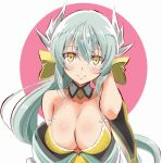  1girl aqua_hair bangs bare_shoulders bikini bow breasts cleavage closed_mouth detached_collar dragon_horns eyebrows_visible_through_hair fate/grand_order fate_(series) hair_between_eyes hair_bow highres horns japanese_clothes kimono kiyohime_(fate/grand_order) kiyohime_(swimsuit_lancer)_(fate) large_breasts long_hair looking_at_viewer medium_breasts ngv3553 smile solo swimsuit upper_body white_horns yellow_bikini yellow_bow yellow_eyes 
