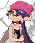  +_+ 1girl aori_(splatoon) beanie breasts chromatic_aberration cleavage closed_mouth collarbone domino_mask earrings hat hat_ornament highres isamu-ki_(yuuki) jewelry long_hair looking_away looking_to_the_side mask pink_headwear pointy_ears purple_hair shirt signature smile solo splatoon_(series) splatoon_2 star sunglasses symbol-shaped_pupils tentacle_hair white_shirt yellow_eyes 