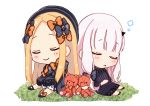  2girls :o abigail_williams_(fate/grand_order) bangs black_bow black_dress black_footwear black_headwear blonde_hair bloomers blue_eyes bow bug butterfly closed_eyes closed_mouth commentary_request damaged dress fate/grand_order fate_(series) forehead hair_bow hat highres horn insect lavinia_whateley_(fate/grand_order) long_hair long_sleeves multiple_girls orange_bow parted_bangs parted_lips polka_dot polka_dot_bow shoes sitting sleeping sleeves_past_fingers sleeves_past_wrists smile sofra stuffed_animal stuffed_toy teddy_bear underwear very_long_hair white_bloomers white_hair 
