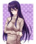  1girl :o arm_at_side arm_under_breasts bangs beige_sweater bespectacled blush breasts character_name doki_doki_literature_club eyebrows_visible_through_hair glasses hair_between_eyes hair_ornament hairclip large_breasts long_hair long_sleeves looking_at_viewer open_mouth polka_dot polka_dot_background purple_background purple_eyes purple_hair puru_(ex-150) ribbed_sweater semi-rimless_eyewear sidelocks simple_background solo sweater turtleneck turtleneck_sweater under-rim_eyewear very_long_hair yuri_(doki_doki_literature_club) 