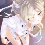  1girl azur_lane blonde_hair braid breasts collared_shirt dressing eyes_visible_through_hair garter_straps hair_over_one_eye hair_ribbon highres indoors jitome light_particles long_sleeves looking_at_viewer maid maid_headdress murata_ryou parted_lips partially_unbuttoned ribbon sheffield_(azur_lane) shirt short_hair small_breasts solo white_ribbon white_shirt yellow_eyes 
