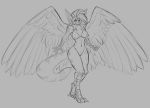  2019 anthro avian beak breasts female grey_background gryphon hair monochrome navel nipples nude pussy rane simple_background smile solo standing talons watsup wide_hips wings 