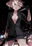  1girl ass_visible_through_thighs black_jacket black_panties black_skirt blonde_hair blurry blurry_background breasts car city_lights cleavage collarbone cowboy_shot eyebrows_visible_through_hair fate/grand_order fate_(series) floating_hair green_eyes ground_vehicle half-closed_eyes highres holding holding_sheath holding_sword holding_weapon jacket jewelry katana long_hair looking_at_viewer medium_breasts mordred_(fate) mordred_(fate)_(all) motor_vehicle navel necklace nekomimipunks night no_bra open_clothes open_jacket open_mouth panties ponytail sheath signature skirt sleeves_rolled_up smoking solo sword tattoo underwear weapon yakuza 