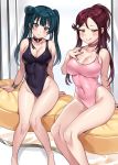  2girls bangs black_choker black_swimsuit blue_hair breasts casual_one-piece_swimsuit chair choker cleavage feet_out_of_frame hair_ornament hairclip half_updo highleg highleg_swimsuit highres long_hair looking_at_viewer love_live! love_live!_sunshine!! medium_breasts multiple_girls one-piece_swimsuit pink_choker pink_swimsuit red_eyes red_hair sakurauchi_riko sitting swimsuit tem10 tsushima_yoshiko twintails yellow_eyes 