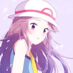  1girl blue_(pokemon) blue_eyes blush brown_hair hat indisk_irio long_hair looking_at_viewer open_mouth pokemon pokemon_(game) pokemon_frlg porkpie_hat shirt sleeveless sleeveless_shirt solo white_background 