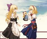 2girls absurdres ahoge alice_margatroid apron black_dress blonde_hair blue_dress blue_eyes blue_sky blush bow bowtie brooch capelet chinese_commentary cloud commentary_request cosplay covering_mouth cowboy_shot crying crying_with_eyes_open dress eye_contact eyebrows_visible_through_hair from_side grimoire_of_alice hair_between_eyes hair_bow hairband hand_on_own_chest hand_over_own_mouth handkerchief highres jewelry kirisame_marisa lili2th long_hair long_sleeves looking_at_another mixed-language_commentary multiple_girls open_mouth profile red_neckwear sash shanghai_doll shanghai_doll_(cosplay) sketch sky sleeve_cuffs solid_oval_eyes standing streaming_tears tears touhou very_long_hair waist_apron white_capelet yellow_eyes yuri 