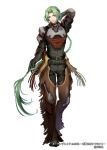  1boy armor belt black_footwear black_gloves border_break braided_ponytail chaps company_name full_body gloves green_eyes green_hair hand_behind_head long_hair looking_at_viewer male_focus matsutooooka46t official_art pants simple_background smile solo standing very_long_hair white_background 