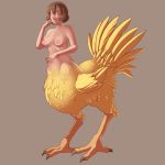  1:1 3_toes angrboda areola avian avian_taur blush breasts brown_background brown_hair brown_skin chocobo feathers female final_fantasy hair humanoid humanoid_taur nipples nude simple_background solo square_enix standing talons taur toes video_games yellow_feathers 