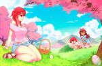  :d ^_^ bare_shoulders basket blue_dress blue_sky breasts brown_hair bush cherry_blossoms child closed_eyes cloud commentary commission day dress easter_egg eba_rin egg english_commentary grass green_eyes kimi_no_iru_machi looking_away medium_hair mountain mountainous_horizon nature open_mouth outdoors petals pink_shirt profile red_eyes red_hair rtil shirt short_shorts shorts sitting sky smile tree 