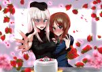  2girls akutagawa_joo arm_grab bangs birthday_cake black_headwear black_jacket black_neckwear blouse blue_eyes blurry blurry_background blush brown_eyes brown_hair cake character_name closed_mouth commentary_request depth_of_field dress_shirt english_text eyebrows_visible_through_hair flower flower_request flying_sweatdrops food foreshortening frown garrison_cap girls_und_panzer happy_birthday hat highres insignia itsumi_erika jacket kuromorimine_military_uniform long_hair long_sleeves looking_at_viewer military military_hat military_uniform multiple_girls neckerchief nishizumi_miho ooarai_school_uniform open_mouth petals reaching_out red_flower red_rose red_shirt rose school_uniform serafuku shirt short_hair silver_hair smile table uniform white_blouse wing_collar yuri 