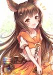  1girl :d animal_ears arrow aster_(granblue_fantasy) bangs belt_pouch blush brown_eyes brown_hair collarbone commentary_request erune eyebrows_visible_through_hair granblue_fantasy hair_ornament hairclip highres long_hair looking_at_viewer open_mouth orange_skirt pouch quiver sakura_ani short_sleeves skirt smile solo very_long_hair 