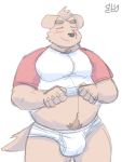  2019 anthro blush brown_fur bulge canid canine canis clothed clothing domestic_dog fur greenbeanyeen hi_res humanoid_hands male mammal open_shirt overweight overweight_male simple_background solo underwear white_background 