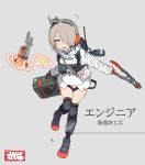  1girl absurdres atte7kusa bag case gloves grey_background grey_hair hair_over_one_eye headset highres holding_case knee_pads no_pants orange_gloves original pliers pouch red_footwear short_hair solo standing strap thighhighs 