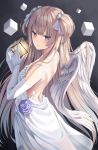  1girl angel angel_wings bangs blonde_hair blush breasts cube dress elbow_gloves feathered_wings from_behind gloves hair_ribbon halo highres holding long_hair looking_at_viewer looking_back open_mouth original purple_eyes ribbon solo superpig two_side_up very_long_hair white_dress white_gloves wings 