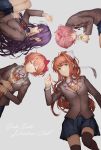  4girls bangs black_legwear blazer blue_skirt blush bow breasts brown_hair brown_jacket brown_legwear closed_eyes doki_doki_literature_club eyebrows_visible_through_hair green_eyes hair_between_eyes hair_bow hair_ornament hair_ribbon hairclip highres holding holding_pen jacket kouzuki_kei long_hair looking_at_viewer lying medium_breasts monika_(doki_doki_literature_club) multiple_girls natsuki_(doki_doki_literature_club) on_back on_side pen pink_hair ponytail purple_hair red_ribbon ribbon sayori_(doki_doki_literature_club) school_uniform shirt short_hair sidelocks simple_background skirt smile thighhighs two_side_up very_long_hair white_ribbon wreath yuri_(doki_doki_literature_club) 